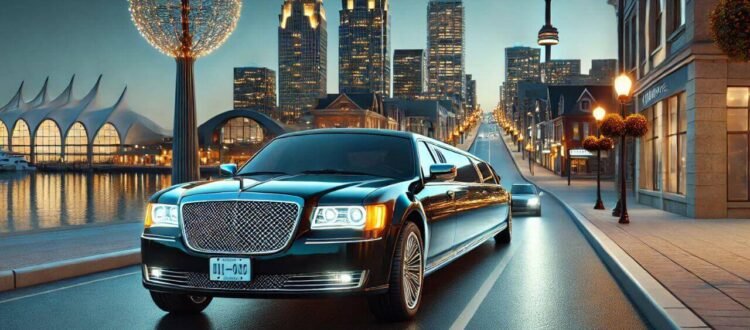 A luxury limousine driving through Barrie, Ontario, with city landmarks like the Spirit Catcher and waterfront in the background at night.